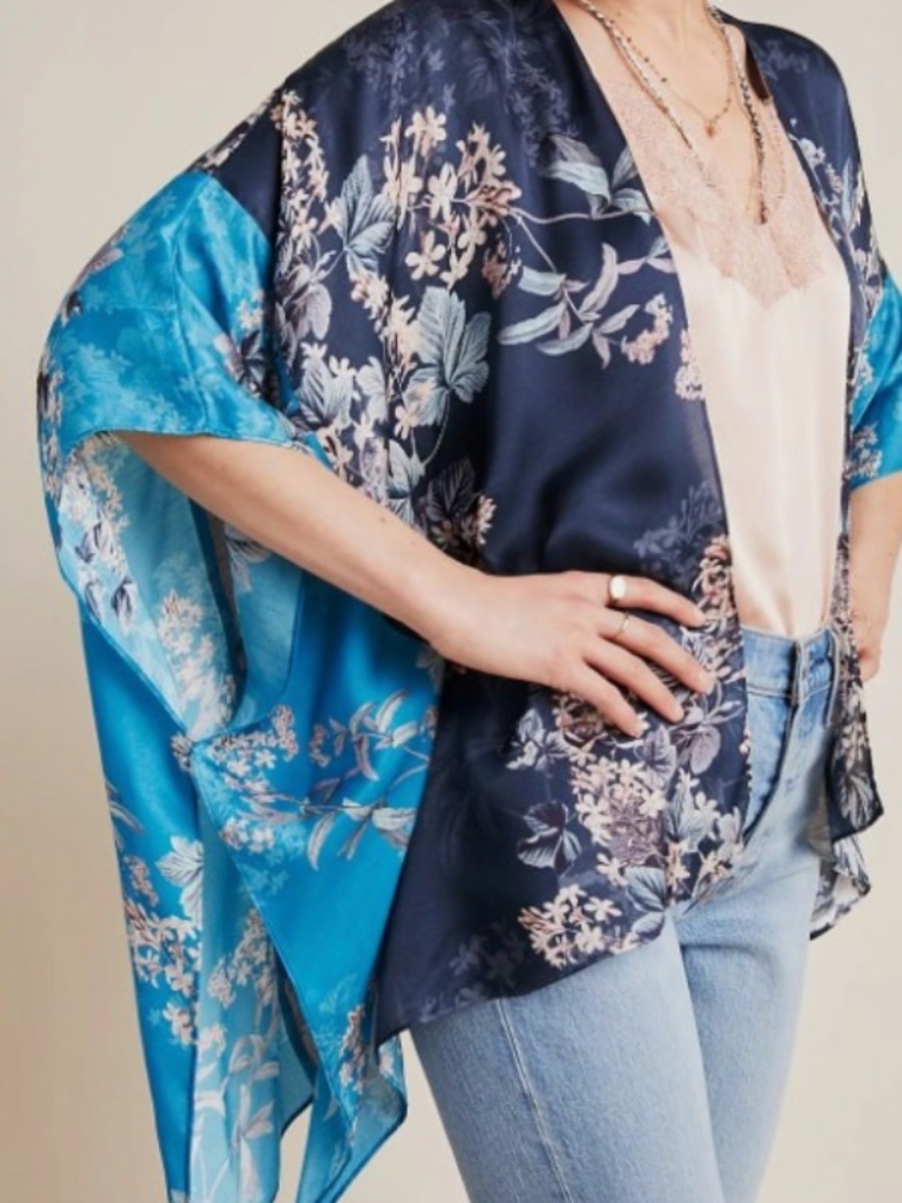 Kachel Anthropologie Jamie Kimono One Size Blue Floral Tassel Boho Resort Duster